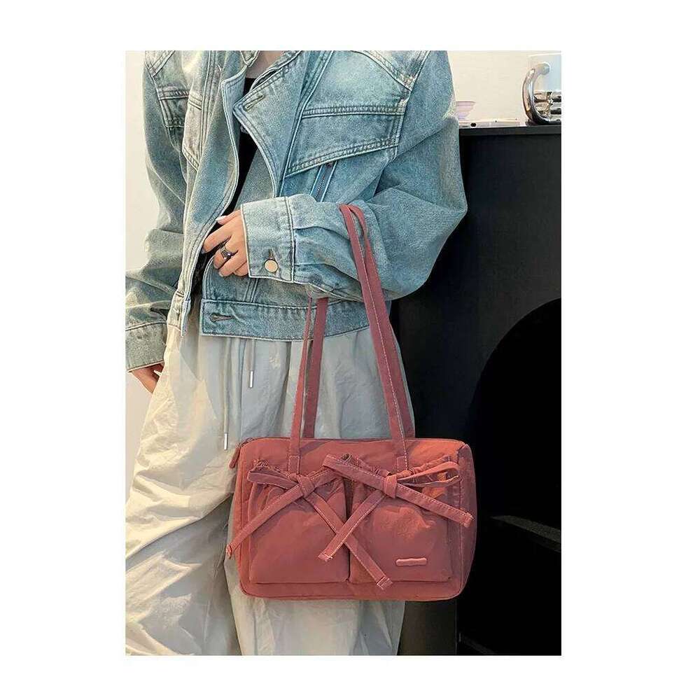Sweet Pleated Bow Women Shoulder Bags Commuter High Capacity Ladies Underarm Bag Candy Color Waterproof Nylon Female Handbags XJ260311