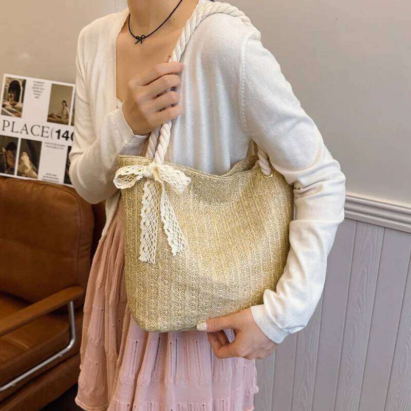 Summer Fashion Lace Ribbon Women Straw Shoulder Bags Large Capacity Handbags Casual Commuter Ladies Armpit Bag Tote XJ260311