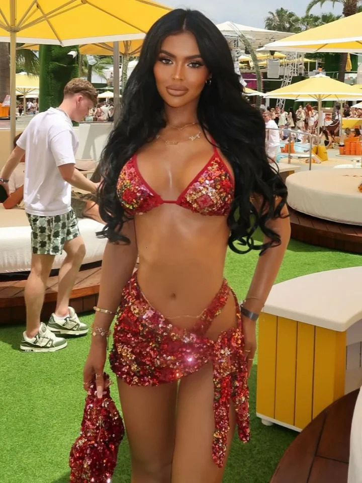 Sequin Bikini Swimwear Set Beaded Shiny Women Slip Top Vest Lace Up Sexy Ribbon Short Skirt Halter Blouse Gown Beach Swimsuit 260309