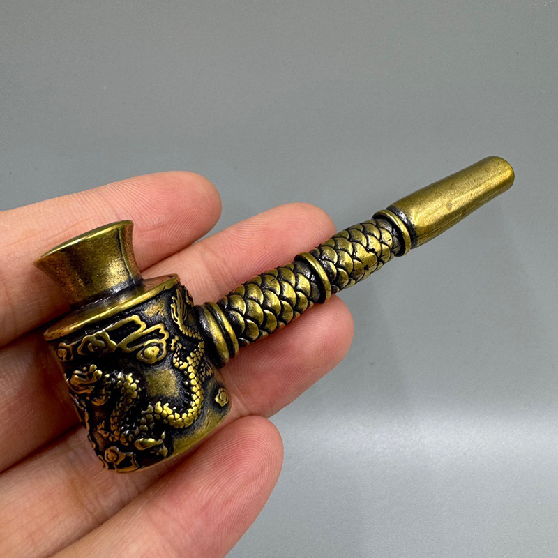 Pure Brass Carved Tobacco Pipe Home Decoration Retro Traditional Embossed Copper Smoking Pipe Antique Ornaments Crafts