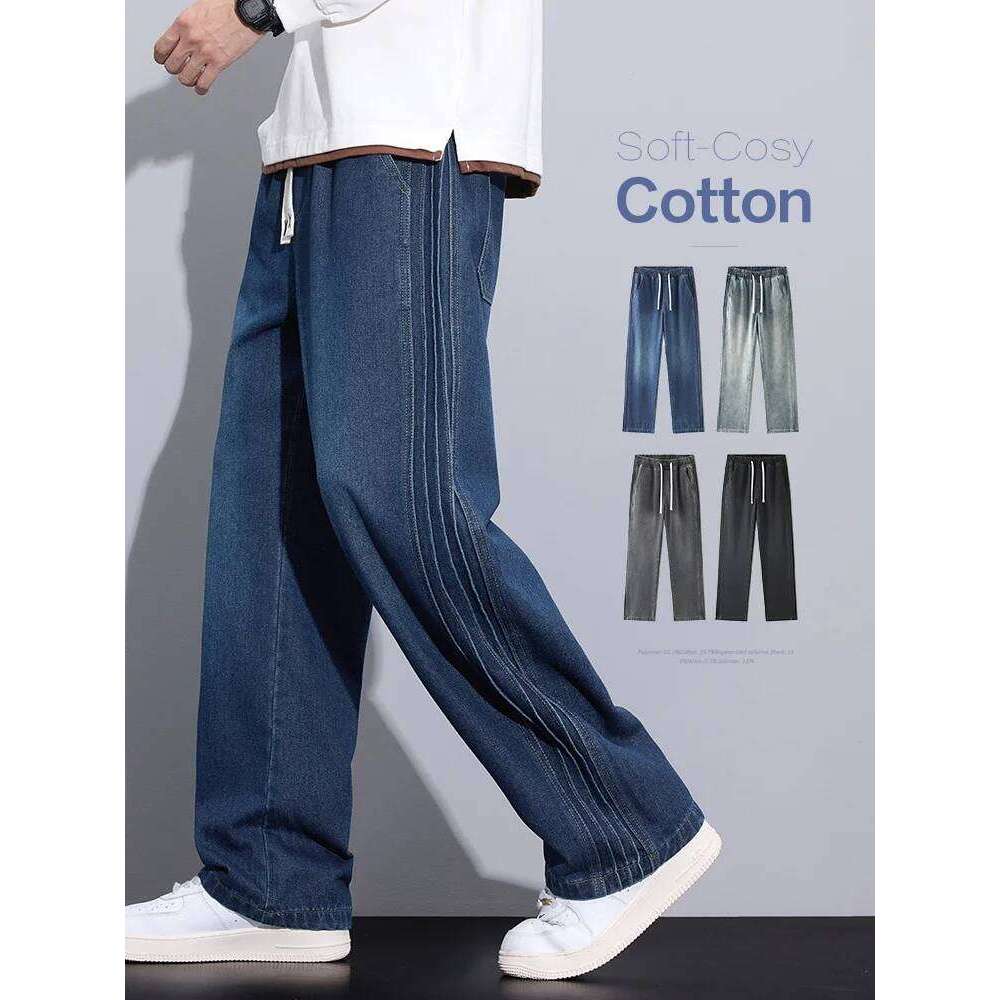 OUSSYU Brand Clothing Fashion Side Wrinkles Jeans Men Baggy Denim Pants Jogger Work Wide Leg Blue Trousers Male Large Size 5XL Z260225