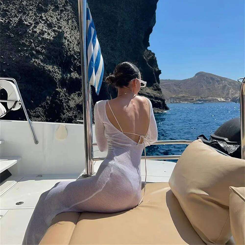 Women Summer Mesh Wrapped Sleeve Round Neck See Through Sunscreen Solid Color Backless Beach Long Dress Z260311