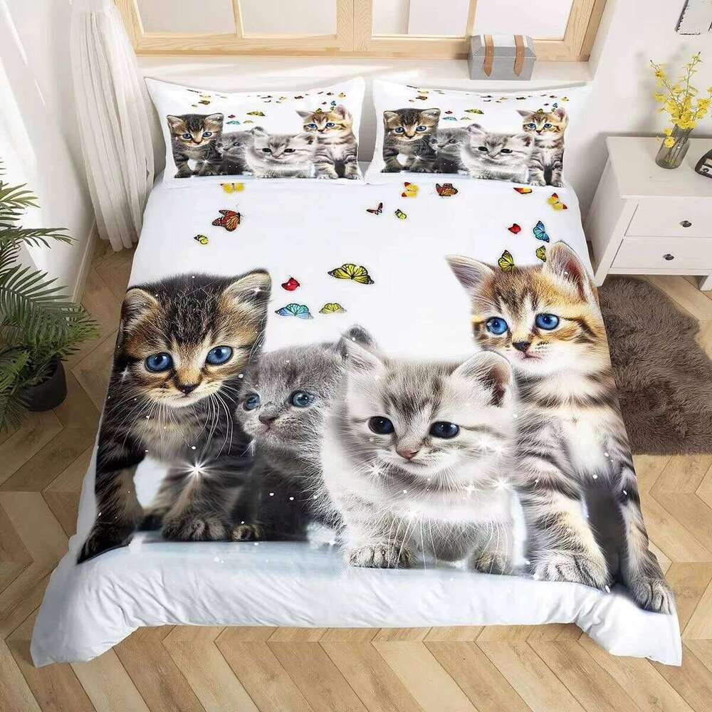 Cute Cat Duvet Boys Girls Adults Animal Printed Bedding Set Theme Comforter Cover Pet Quilt Covers with Pillowcase H260311