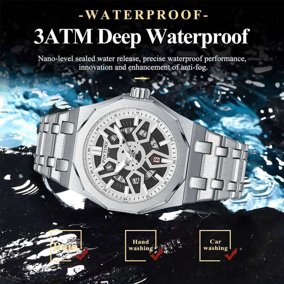 PINTIME New Alloy Skeleton Design Electric Mechanical Timepiece Luminous Date Display Men's Quartz Watch 45MM