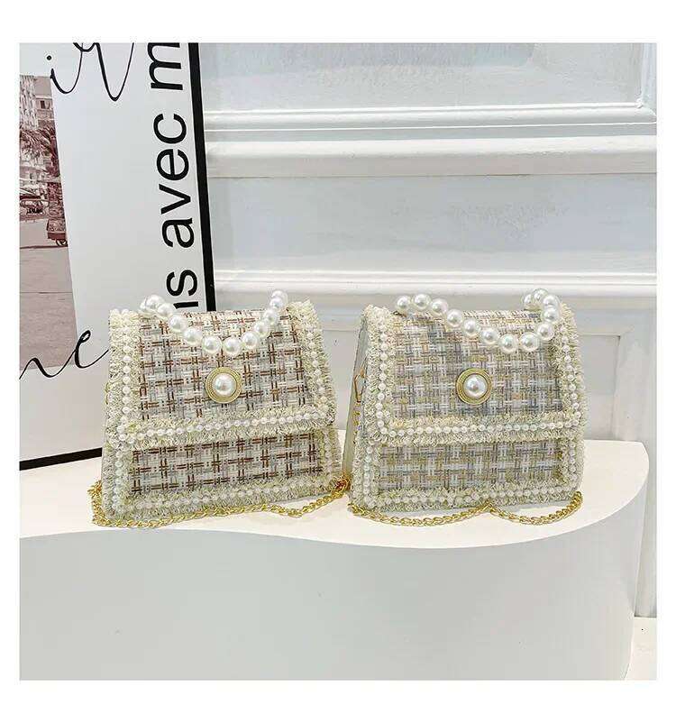 Elegant Beading Chain Ladies Handbags Fashion Plaid Women's Shoulder Bags Small Square Crossbody Bag Simple Female Tote Purse XJ260311