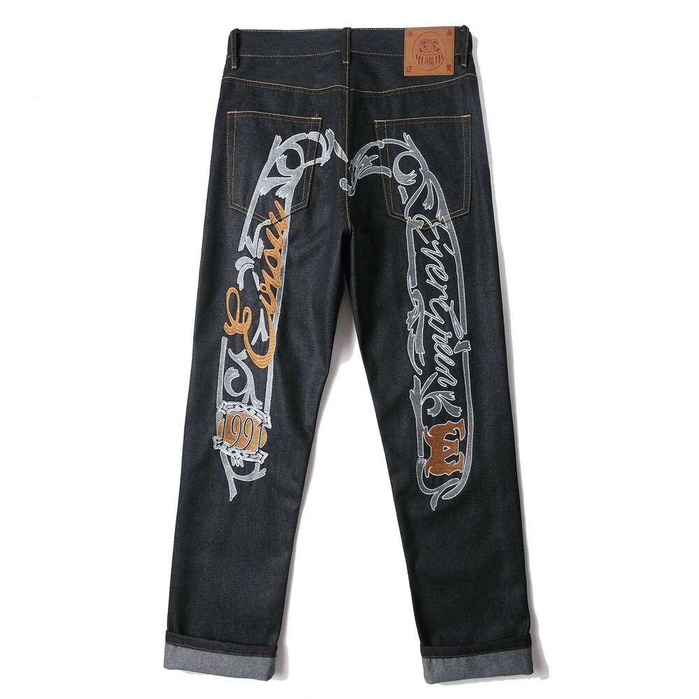 Men's Japanese Handmade Embroidered Cotton Jeans Straight Tube Slim Fit Hip-Hop Trousers Red Ear Detail Devil Big M Golden Text Z260225