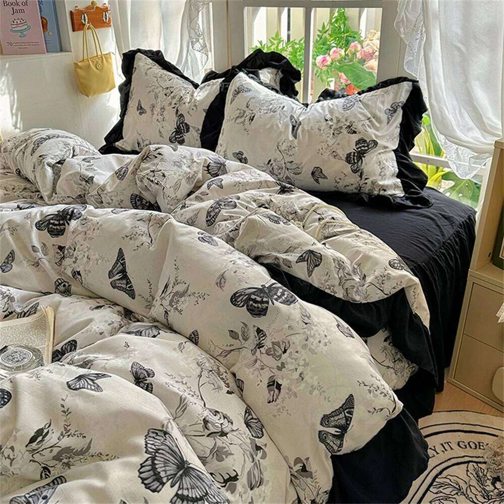Butterfly Duvet Home Decoration Comforter Cover with Pillowcase Bed Skirt Style Four Piece Sets Student Bedding Set H260311