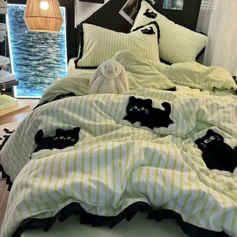 Summer Green Striped Hot Sale Black Cat Four-Piece Set Embroidered Washed Cotton Quilt Cover Bed Sheet People H260311