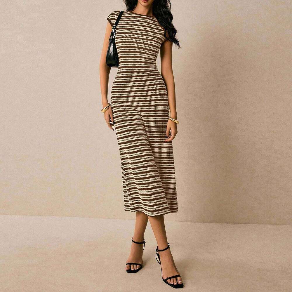 Women's Spring Slim Fit Striped Knit Dress Fashion Casual Color Blocked Waist Cinched Round Neck Short Sleeved Long Dresses Z260311
