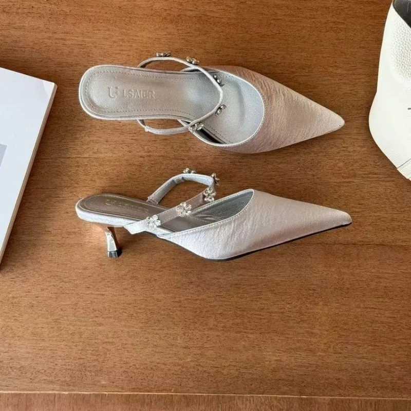 High Quality Satin Heels Women Fashion String Bead Sexy Pointed Slide Sandals Elegant Office Designer Shoes Mule Pumps K260311