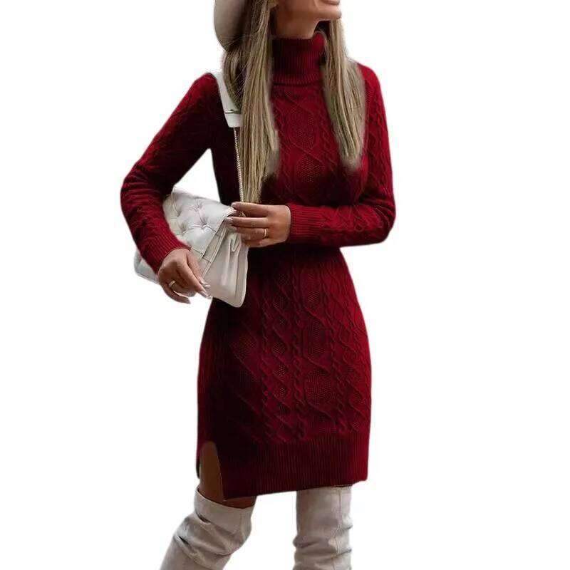 Slim-Fit Long-Sleeved Pullover Knit Collared Autumn Winter New Women's Knitted Wrap Hip Skirt Sweater Dress Z260311