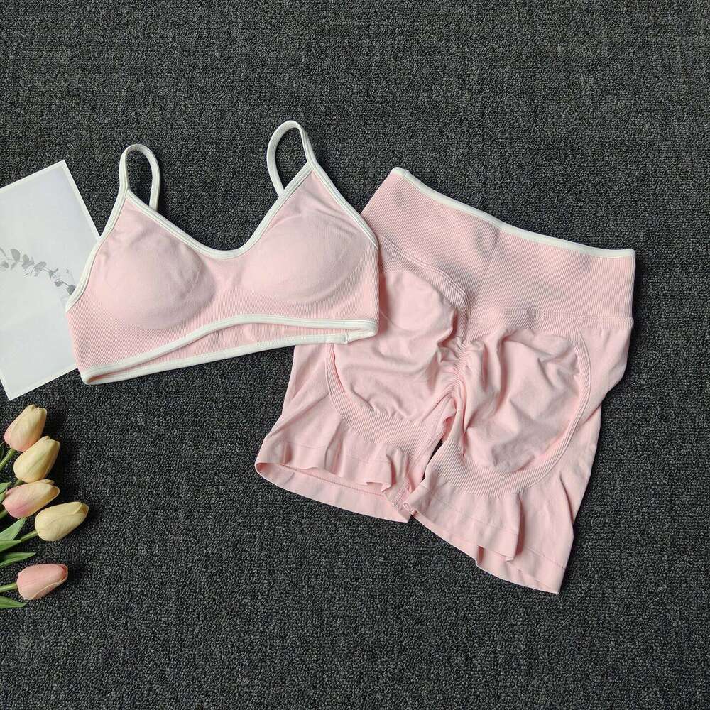 Peach Buttock Yoga Suit Women Gym Seamless Suspender Gathering Bra High Waist Hip Lifting Belly Tightening Shorts Fitness Set 26H0311