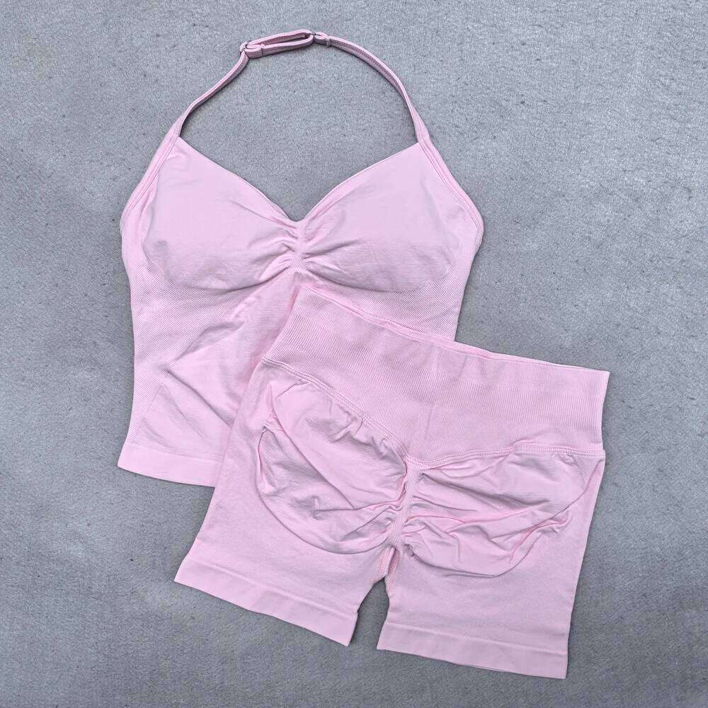 2 Pieces Women Yoga Set Seamless Adjustable Strappy Tank Top Scrunch Sports Shorts Gym Clothes Woman Summer Workout Outfits 26H0311