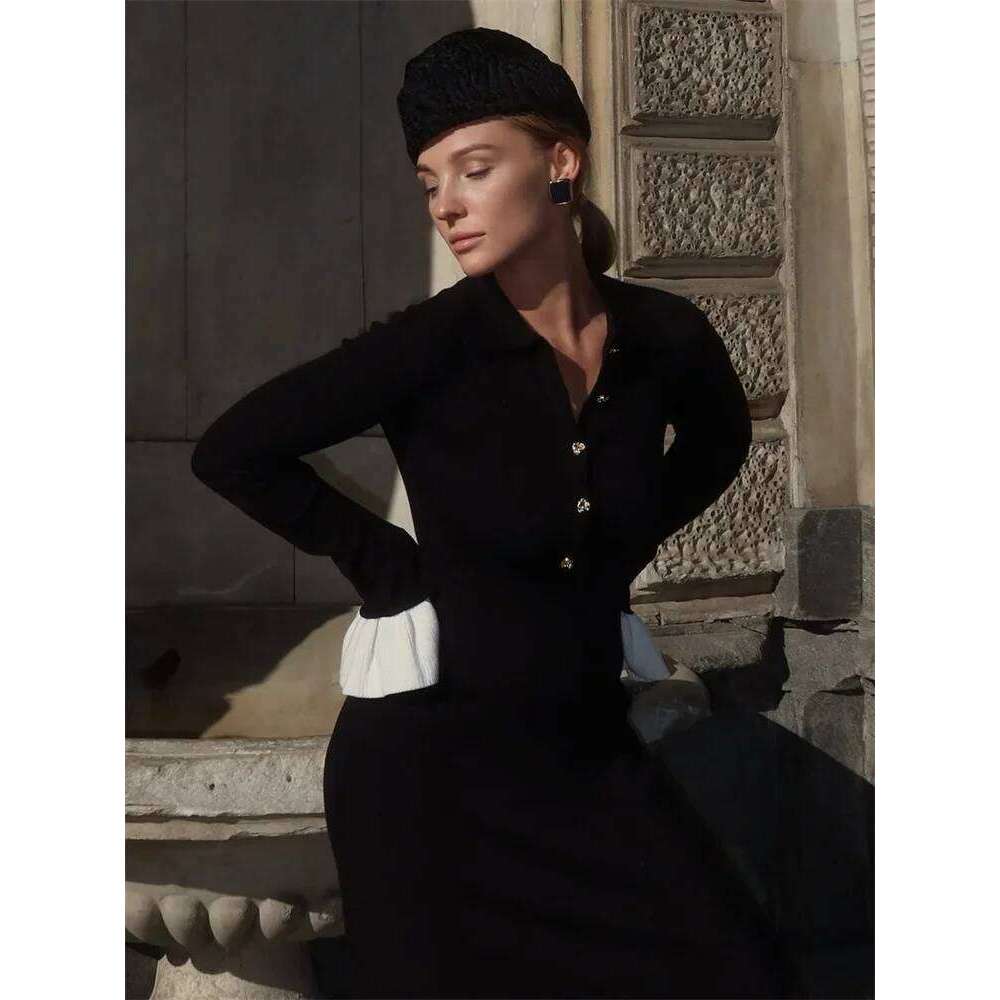 Tossy Female Ruffled Knitwear Long Fashion Patchwork Slim Contrast Lapel Casual Party Gown Women's Knit Maxi Dress Z260311