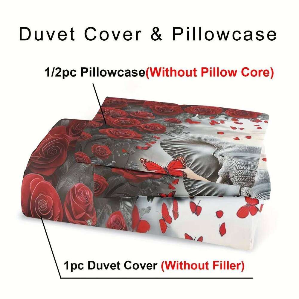 2/3pcs Elephant Bedding Red Rose Duvet Set Butterfly Quilt Cover Bedroom Decor Guest Room 2D Animal Flat Print H260311
