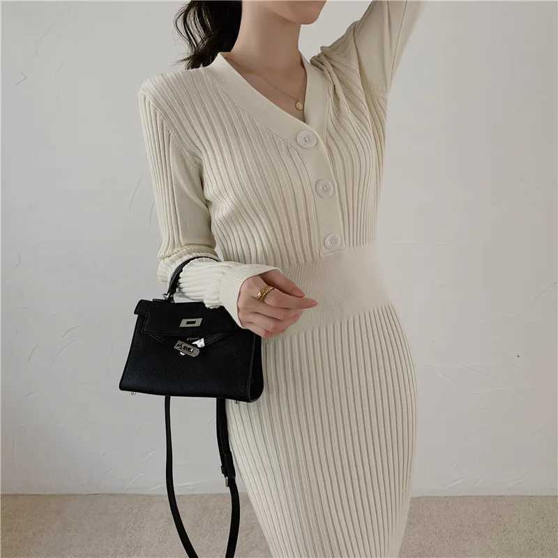 Autumn Winter Womens Dress Button V-Neck Knitted Party Long Sleeve White Long Dress Bodycon Casual Elegant Ladies Dresses M260311