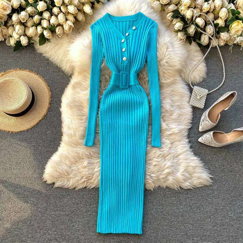 REALEFT Autumn Winter 2025 New Women's Knitted Dresses Sashes Buttons V-Neck Long Sleeve Elegant Bodycon Wrap Dress Female Z260311