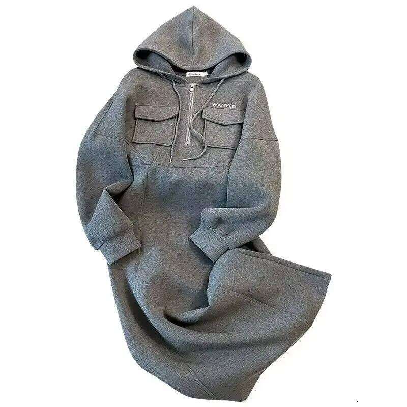 Female Clothing Casual Hooded Midi Dress A-Line Waist Spring Autumn Solid Color Basic Long Sleeve Chic Pockets Spliced Dresses Z260311
