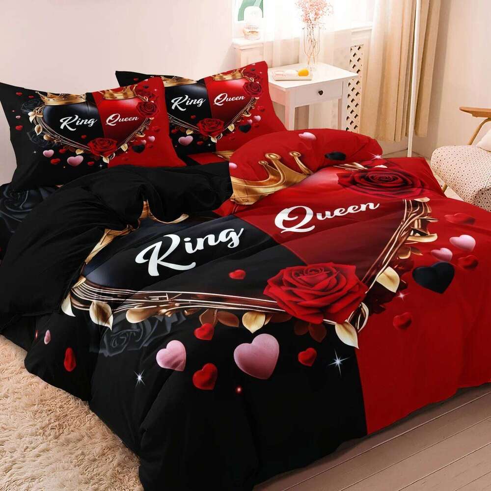 3pcs King Queen Heart-Shaped Love couple Rose Duvet Cover, All-Season High-Definition Print Valentine'S Day Gift H260311