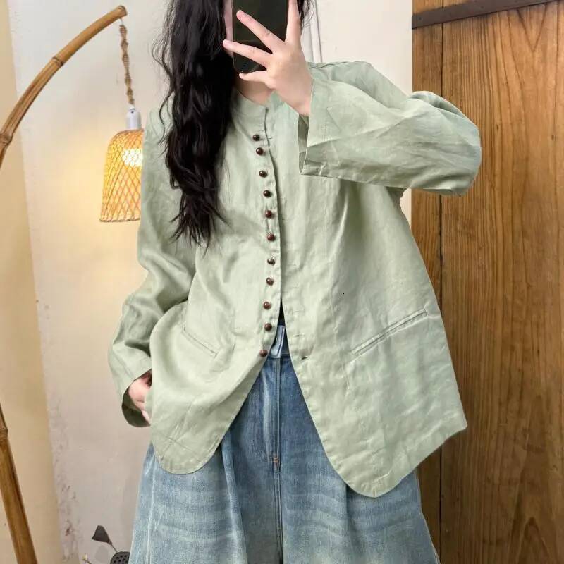 New Arrival Spring Arts Style Women Long Sleeve Stand Collar Loose Shirt Vintage Single Breasted Cotton Linen Casual Blouse Tops