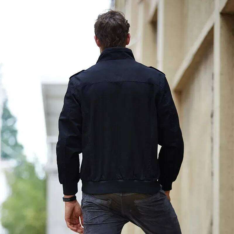 Men's Casual Pure Color Cotton Jacket Mens Thin Spring and Autumn Top Zipper Pocket Collar Stand-Up Large Size Fit Outerwear 26H0311