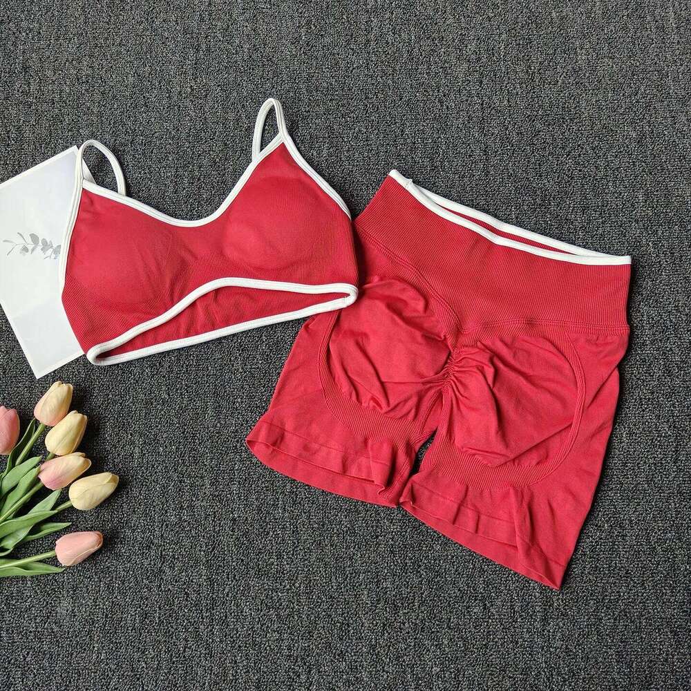 Peach Buttock Yoga Suit Women Gym Seamless Suspender Gathering Bra High Waist Hip Lifting Belly Tightening Shorts Fitness Set 26H0311