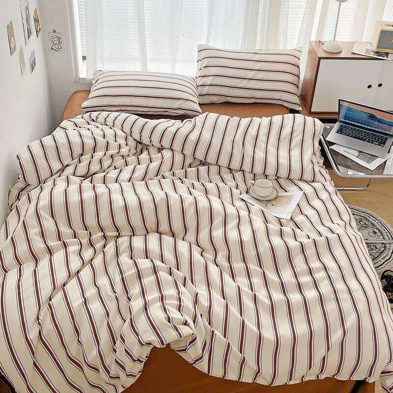 Bed Linen Duvet Cover Home Sheets Comforter Kpop Blogger Style Striped Four-piece Set Brushed Three-piece of Bedding H260311 - view 4