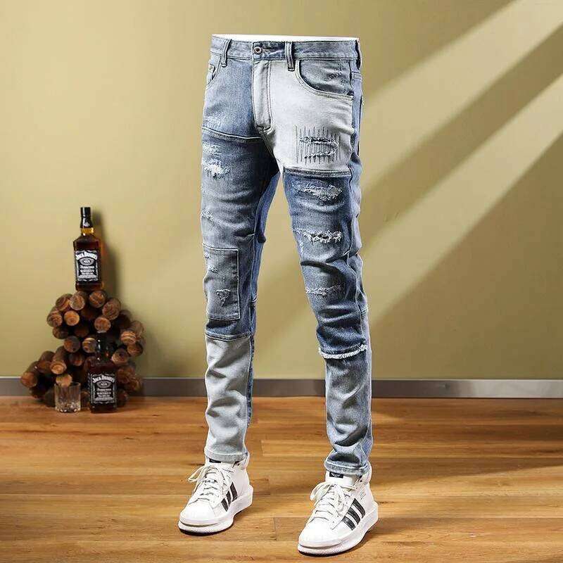2024 Spring/Summer New Blue Hole Trend Small Foot Pants Men's Casual Slim Comfortable Breathable High-Quality Stretch Jeans Z260225