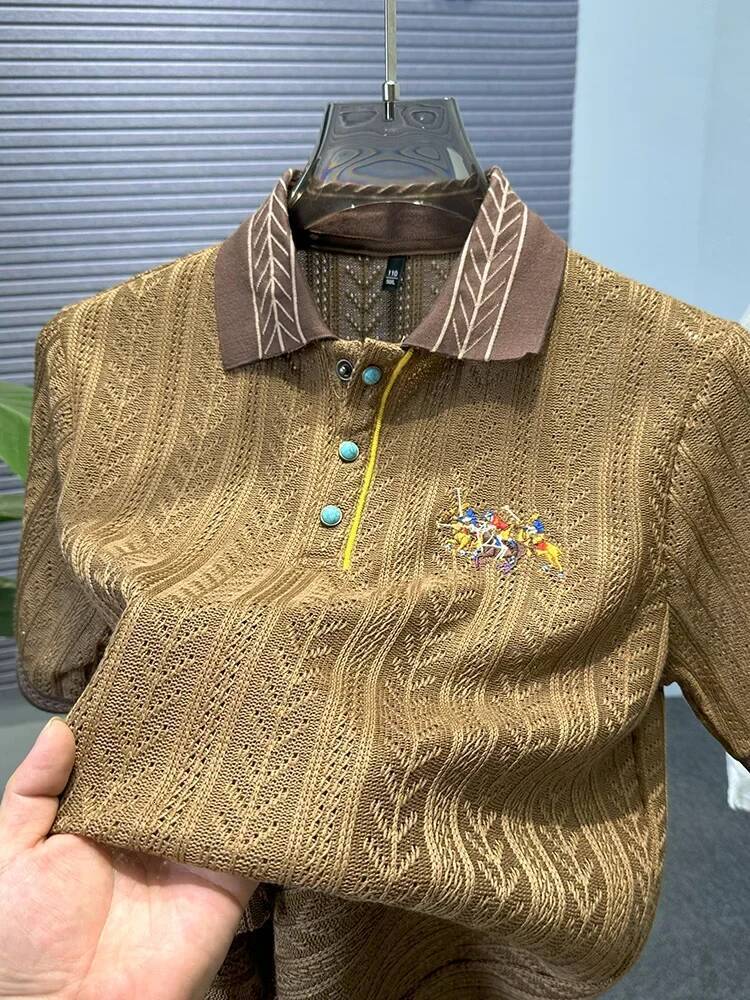 Design Brand Luxury Polo Shirt Hollow Jacquard Horse Embroidery Knitted Short Sleeve T-Shirt Summer Fashion Men's Clothing