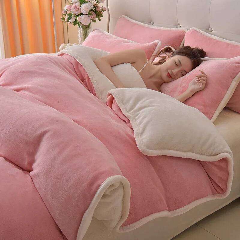 Simple wind milk one-piece set thickened coral solid color bed sheet quilt cover single piece fleece winter H260311