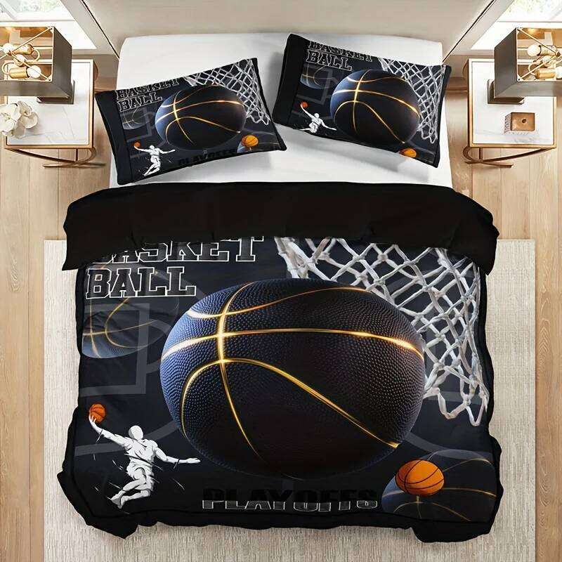 3pcs Vibrant Sports Basketball Set - Soft, Breathable, HD Printed Bedding with 1 Duvet Cover and 2 Pillowcases H260311