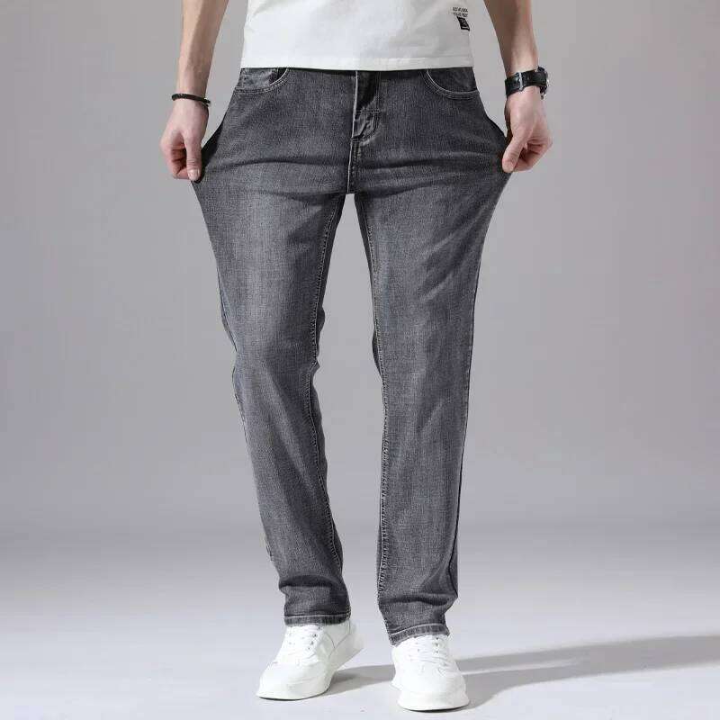 Cotton Stretch Business Casual Men's Thin Denim Jeans Grey Spring Summer Brand New Fit Straight Lightweight Z260225
