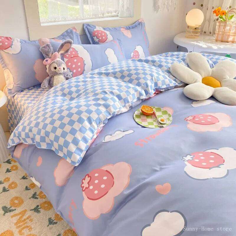 Kawaii Bedding Set Kids Adult Flat Sheet Duvet Cover Pillowcase Single Double Full Size Bed Linen Floral Cherry Home Textile H260311