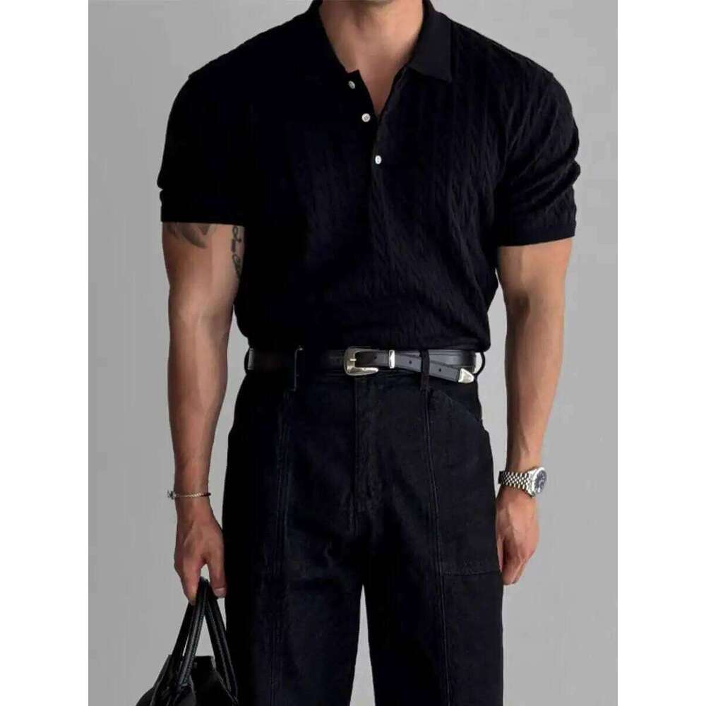 American Sle Hard Man Knitted Irt Muscle Men Slim Fit Elastic Ort Turn-Down Collar Sweatirt Tight Sve ...