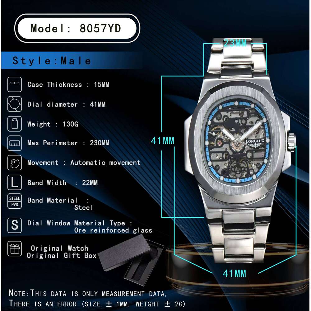 LONGLUX automatic wholesale mechanical watches stainless steel skeleton waterproof men's luxury watch men gift