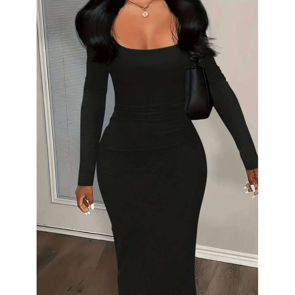 Women's Elegant Low-Cut Round Neck Long Dress C260312