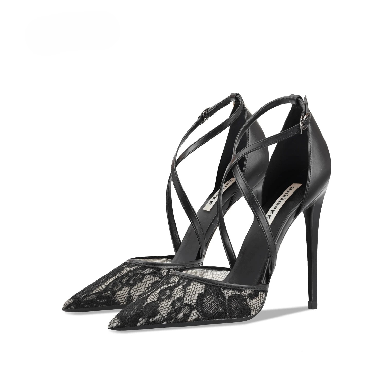 Womens Black Lace High Heel Sandals Pointed Toe Shallow Versatile Chic Sexy Office Wear Single Shoes 260306