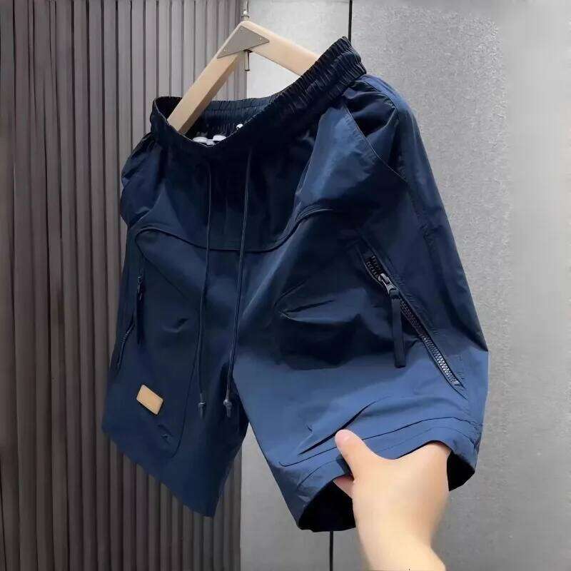 Casual Cargo Men's Multiple Zipper Pockets Loose Straight-Leg Midpants Quick Drying Oversize Elastic Waist Beach Shorts