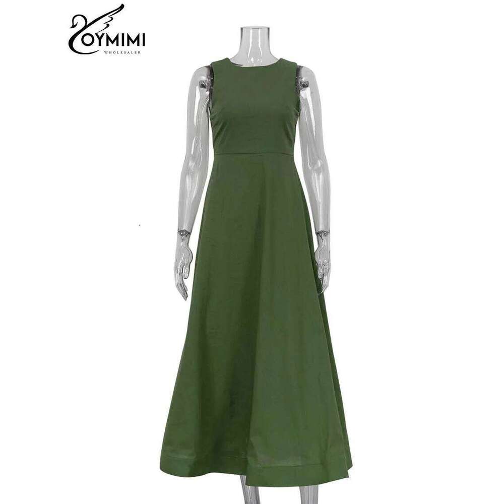 Oymimi Elegant Green Cotton Women's Dress Fashion O-Neck Sleeveless Casual New High Waist A-Line Mid-Calf Dresses Female C260311