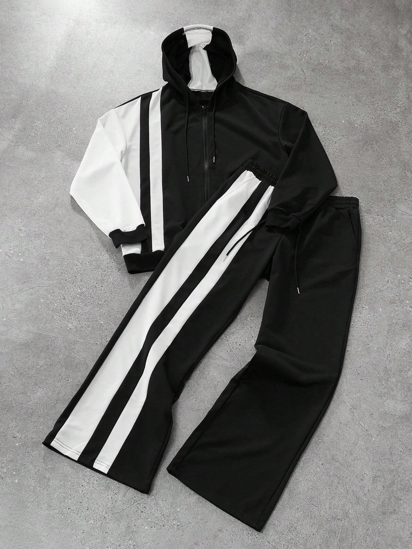 Luxury Brand Designer Clothes New Men's Casual Fashion Hooded Sweatshirt Set, Simple Striped Print Sweatshirt And Pants Set For Spring And Autumn