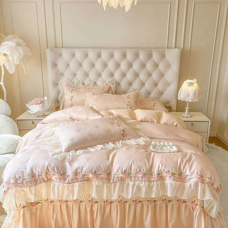 4Pcs Pure Cotton French Flowers Lace Ruffles Princess Wedding Bedding Set Duvet Cover Quilted Bedspread Bed Skirt Pillowcases H260312