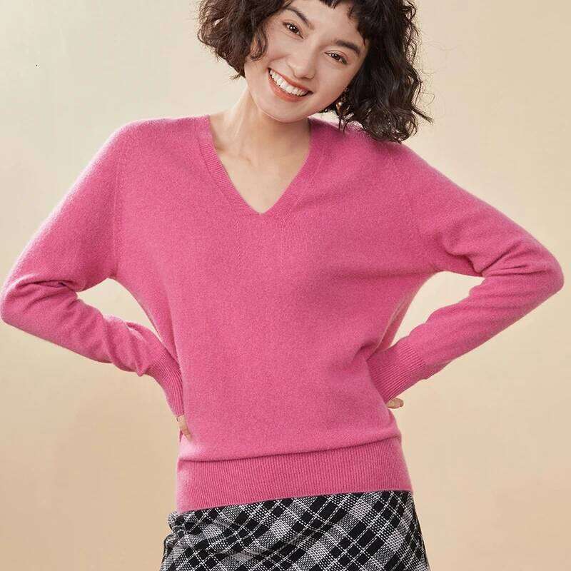 100% Sweater V-Neck Long Sleeve Pullover Spring/Autumn New Female Cashmere Knitwear Tops Basic Women's Clothing MAKOUFEI