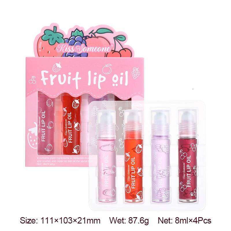 4pcs/1set Fruit Rollerball Lip Oil moisturizing lip balm liquid that prevents chapped lips It comes with a hydrating rollerbal W260311