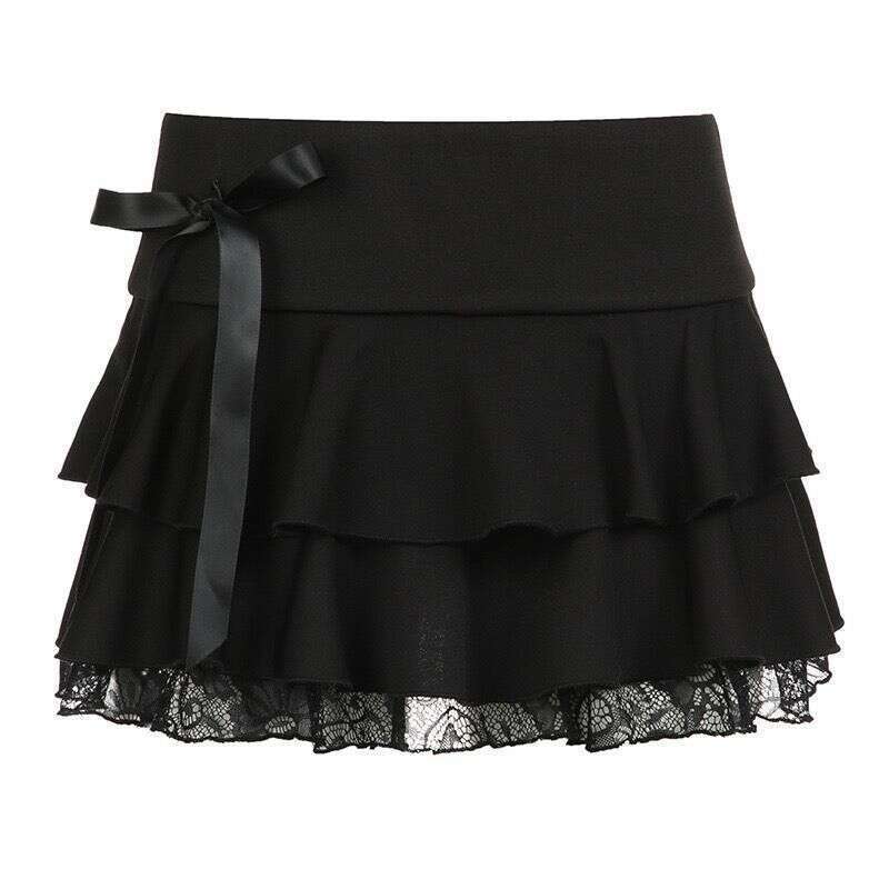 Ins Dark Style Bowknot Element Lace Patchwork Slimming Half for Women Hot Girl High Waist Multi-layer Pleated Short Skirt