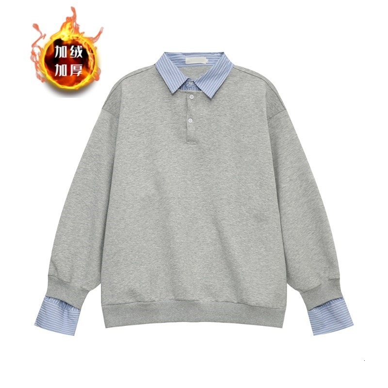 Fake Two-piece Color-blocked Shirt Collar Long-sleeve Fleece-lined Sweatshirt For Designer Hoodie Men Loose Casual Versatile Polo Base Shirt