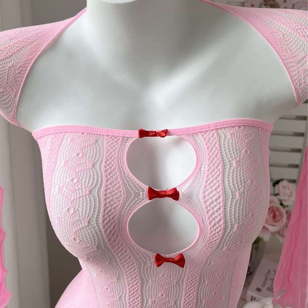 Women Pink Knitted Bodycon Dress with Detachable Sleeves Sexy Cut-Out Design with Red Bows for Party, Cosplay, or Romantic Wear