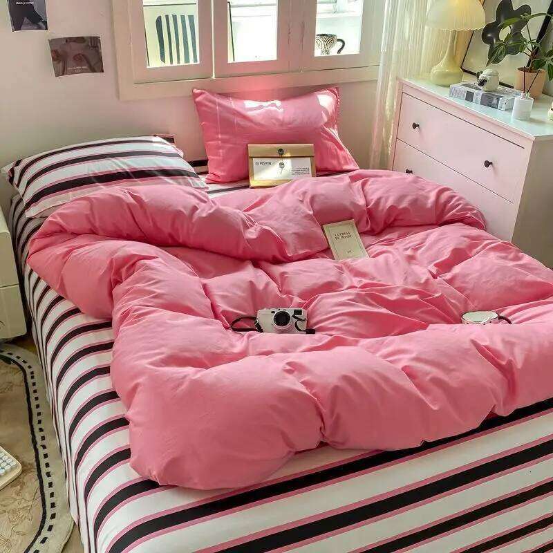 Cream Style Ultra-soft Duvet Washed Four-piece Bedding Pure Cotton Quilt Cover Bed Sheet Three-piece Set H260312