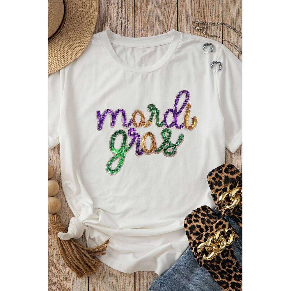2026 Mardi Gras Sequin Letter T Shirt Holiday Graphic Tees Z260312