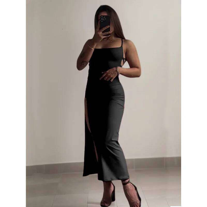 Summer Backless Bandage Sexy Club Women's Elegant Spaghetti Strap Evening Party Dresses Split Slim Solid Color Long Dress C260312