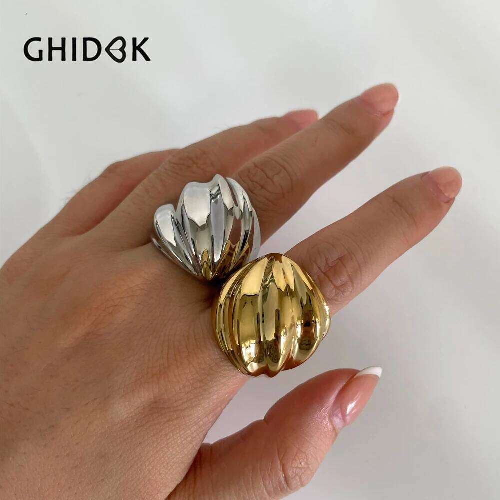 GHIDBK Hip-Hop Punk Stainless Steel Thread Wave Chunky Dome Wide Rings for Women Men Anti-Tarnish Statement Jewelry 2024 New H260312